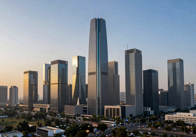 A panoramic view of the modern Cyber Hub skyline in Gurugram during the golden hour, symbolizing business growth and prosperity.