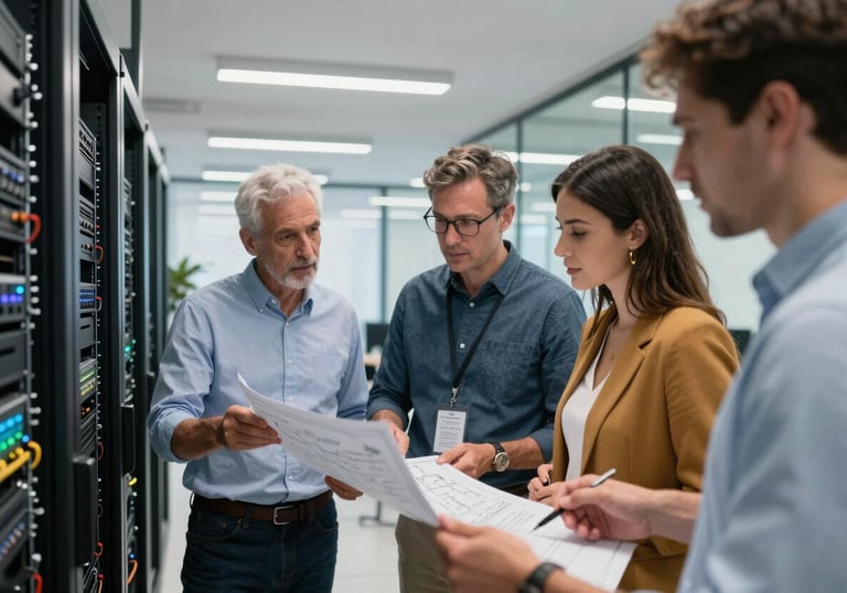 A group of professional engineers in smart casual attire discussing a blueprint near a digital server rack in an Uruguayan corporate office, modern lighting.