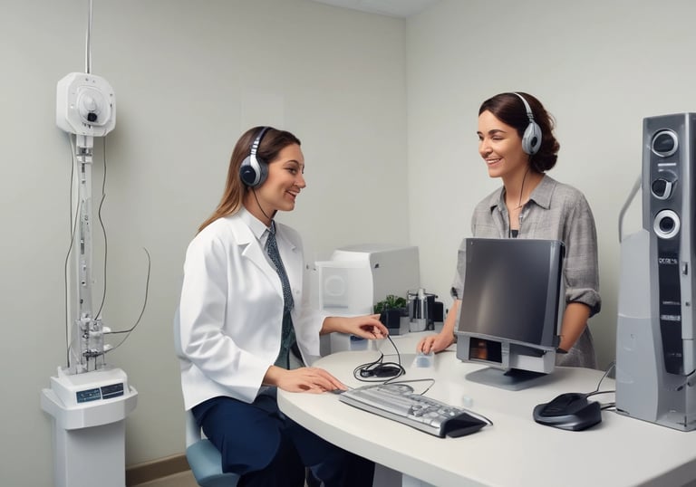 Audiologist conducting a hearing test with a patient using headphones.