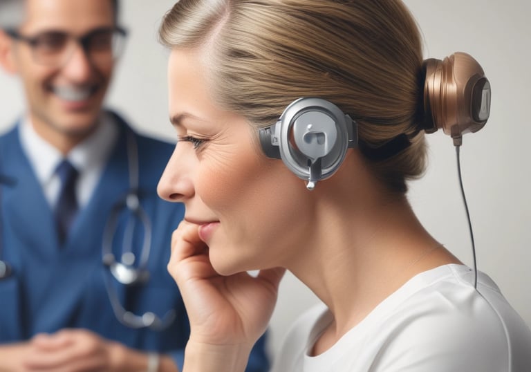 Audiologist conducting a hearing test with a patient in a soundproof room.