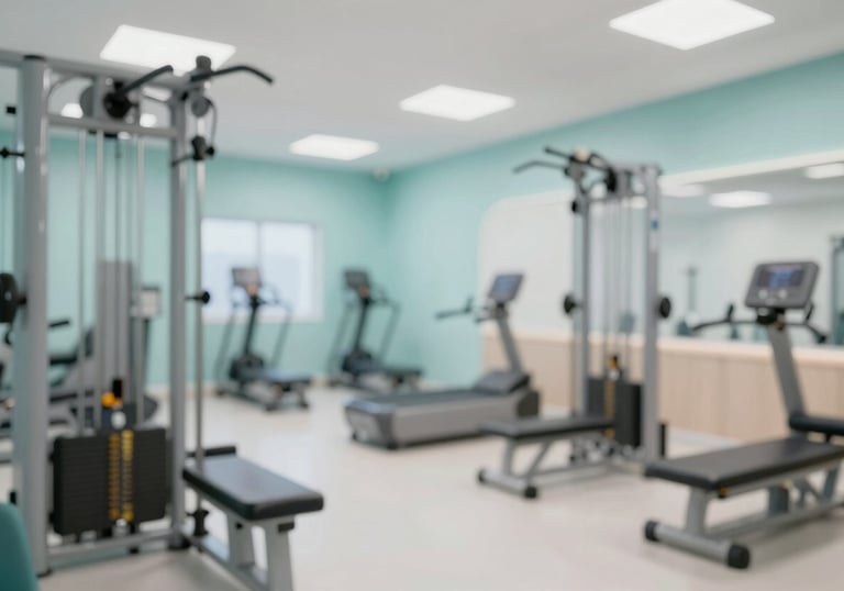 Detail of a modern rehabilitation gym within the clinic, featuring high-quality exercise tools and soft teal (#A0CAC7) branding.