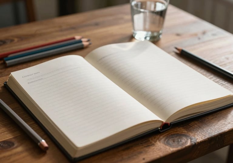 A journal open on a wooden desk with high-quality colored pencils and a glass of water, bathed in soft morning light in a US setting.