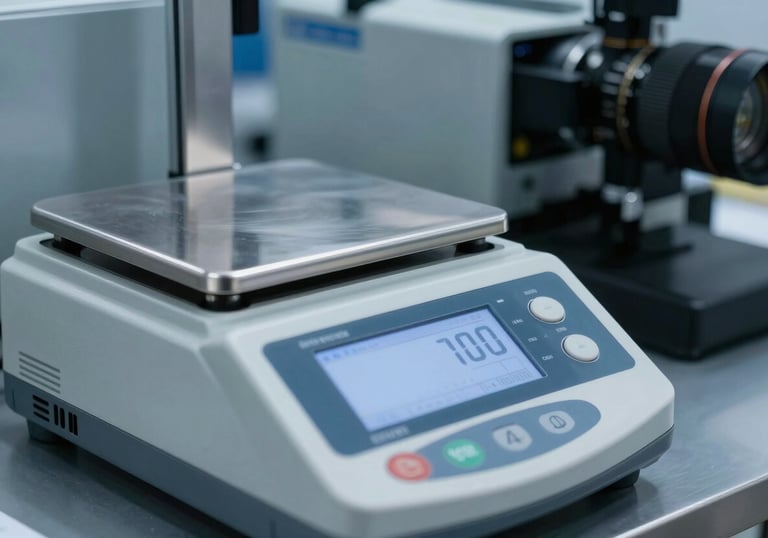 Close-up of a digital scale and professional labeling machine in a logistics center, Steel Blue and Muted Blue-Gray color tones, crisp focus.