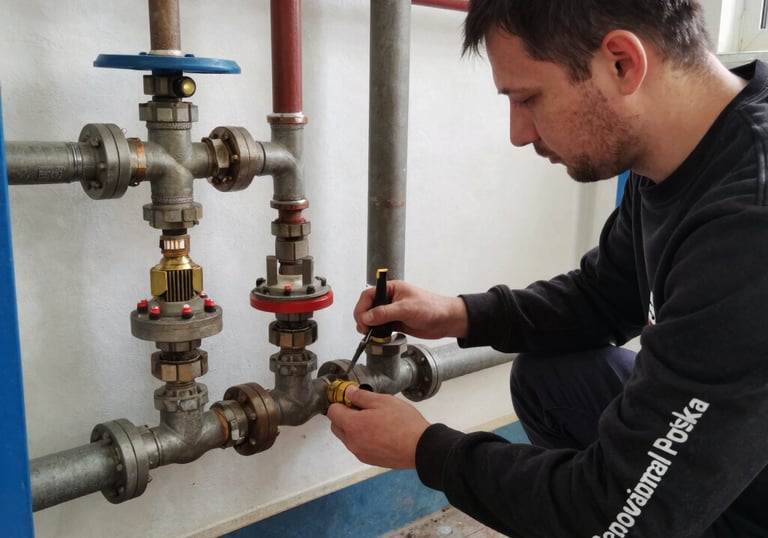 Technician fitting water pipes in a residential building under soft natural light.
