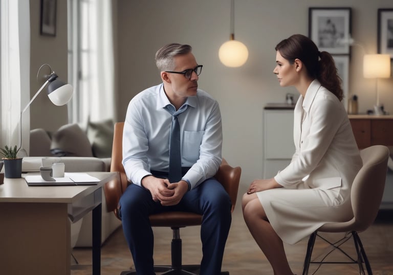 A warm therapy session in a modern, elegant office with a psychologist attentively listening to a patient.