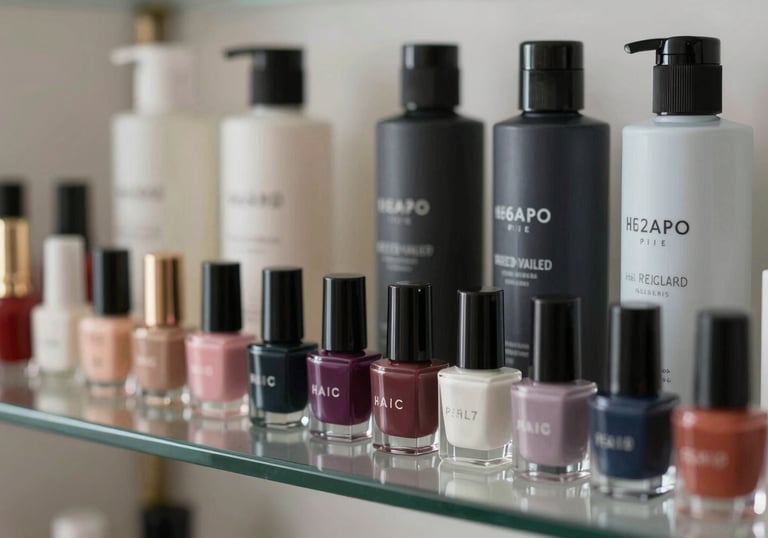 A collection of luxury nail polish bottles and hair care products arranged neatly on a glass shelf. The colors reflect #262A2D and #F2F4F7 accents.