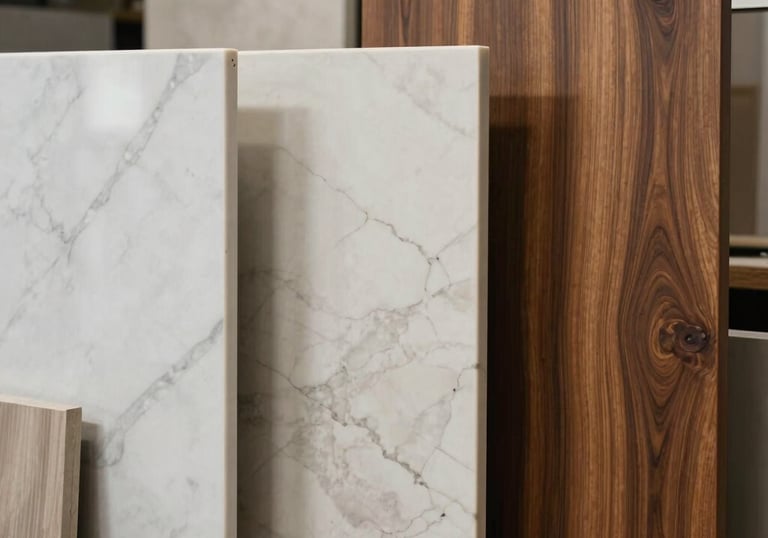 Showcase of premium materials: a selection of marble samples and rich wood cabinet finishes used in a North American / US - Los Angeles studio.