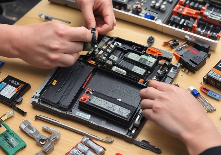 A Quantara team member carefully loading used batteries into a secure transport vehicle.