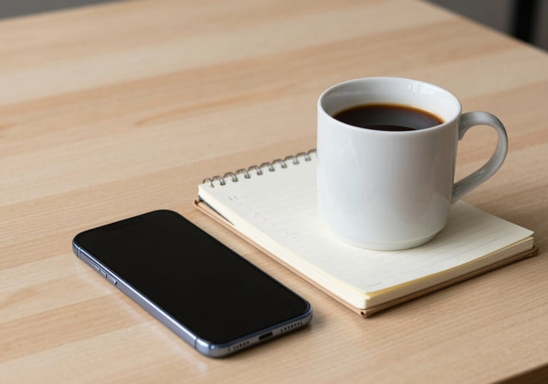 A clean and organized desktop featuring a white ceramic coffee mug, an open notepad with neat notes, and a high-end smartphone on a light wood surface.