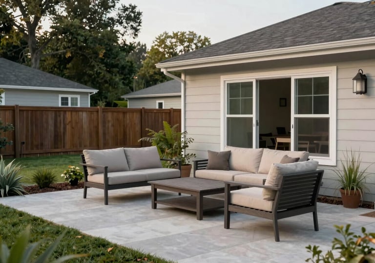A peaceful photography shot of a shared outdoor patio or backyard area in a North American home, with simple, modern outdoor seating and clean landscaping, conveying a sense of serenity.