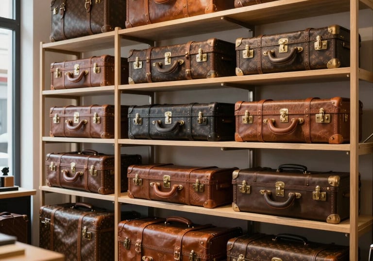 Interior of a sophisticated luggage repair studio in a European city. Organized shelves with classic leather travel trunks and modern luxury suitcases. Clean, timeless, professional aesthetic.