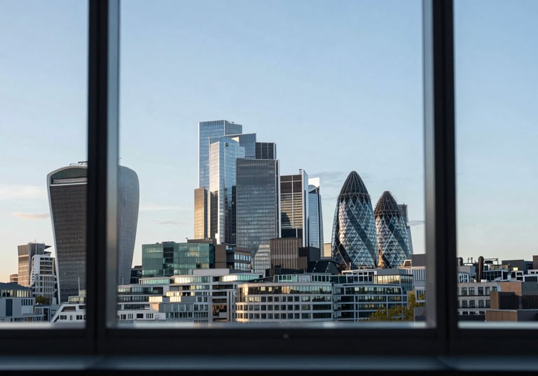 A clean, minimalist shot of a city of London skyline through a professional office window, light blue sky, modern and forward-thinking atmosphere.