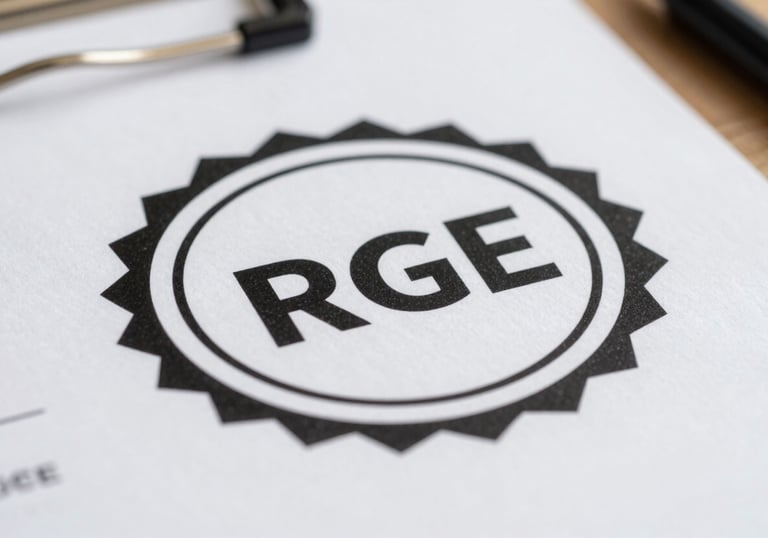 A macro shot of an official RGE certification seal on a professional document, placed on a clean construction site table. This emphasizes the company's credibility and the quality of their isolation services.