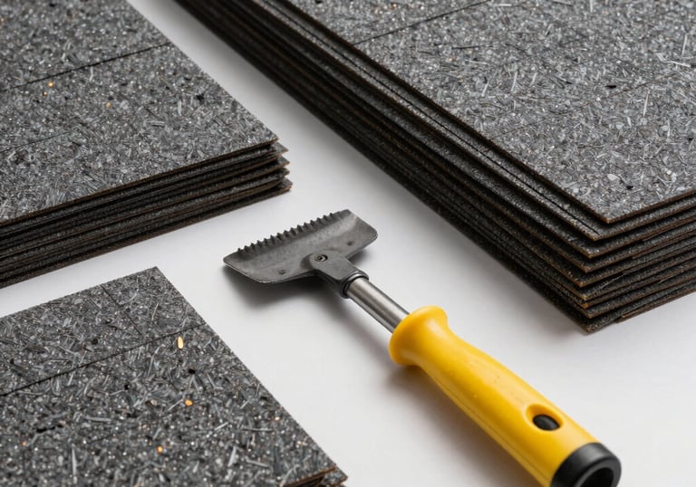 A pile of high-quality architectural shingles and professional roofing tools neatly arranged on a clean work surface, professional photography.