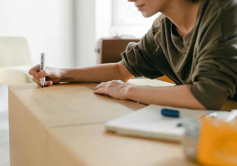 A person using a permanent marker to label a cardboard moving box for organization during a home relocation.