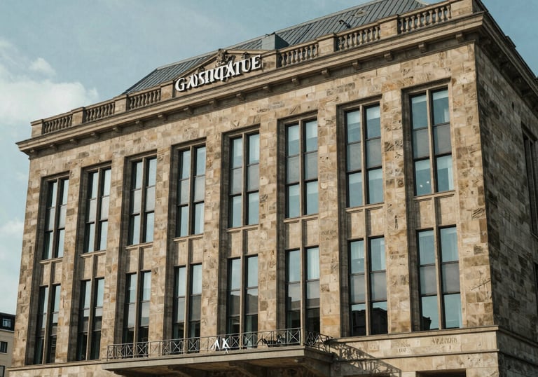 Photography of a modern architectural facade of a German city hall during the day. The building is made of sandstone and glass, symbolizing the bridge between tradition and digital innovation.