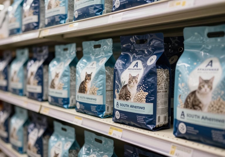 A clean and organized retail store shelf in South America / Peru showing premium cat litter packaging. The design is modern, featuring navy blue and ice white colors.