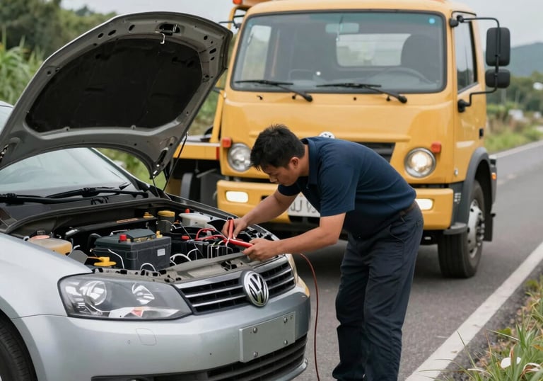 Close-up of a bright orange tow truck with company branding on a sunny day.