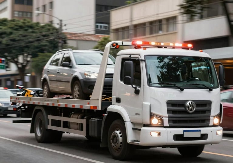 Friendly tow truck driver assisting a customer beside a broken-down car in São Paulo.