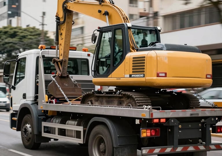 Tow truck arriving at night on a busy São Paulo street with city lights.