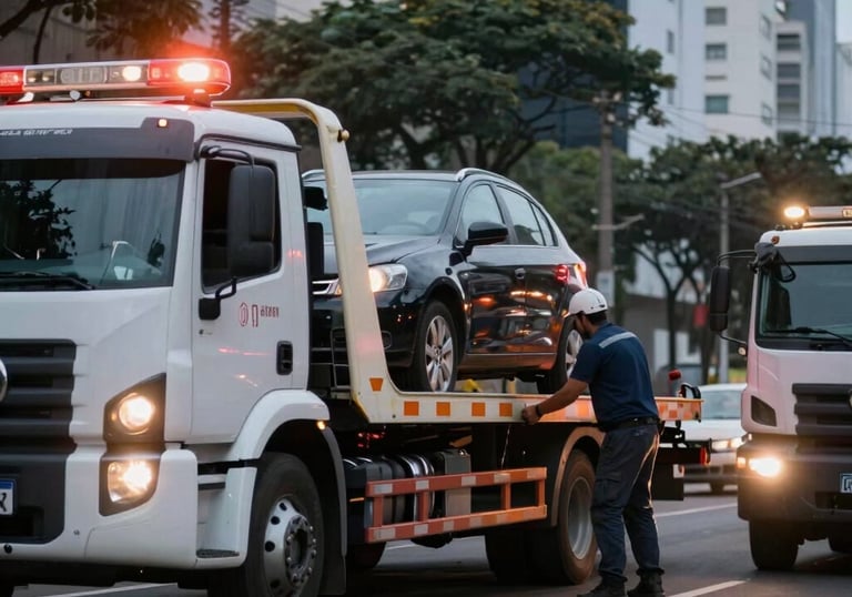 Friendly tow truck driver assisting a customer beside a broken-down car in São Paulo.