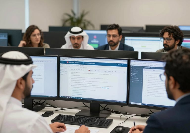 A focused team analyzing digital marketing data on multiple screens in a modern office.