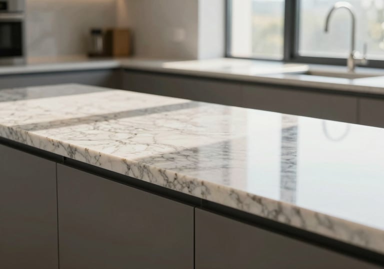 Finished high-end kitchen countertop in light granite, reflecting sunlight from a large window, clean lines, Ankara Siteler craftsmanship, luxury corporate vibe.