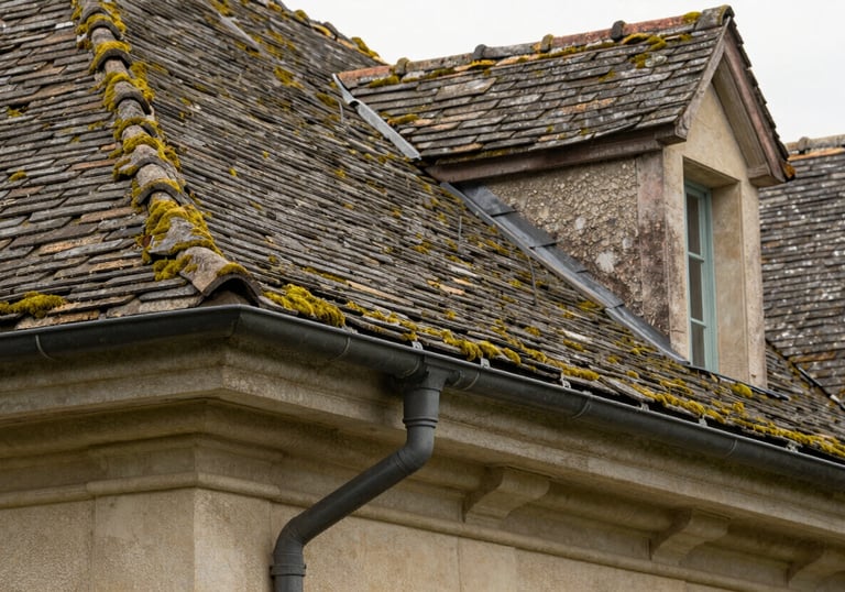 Photography of a perfectly renovated roof on a classic French villa, clean gutters and moss-free tiles, showing the results of professional maintenance and care.