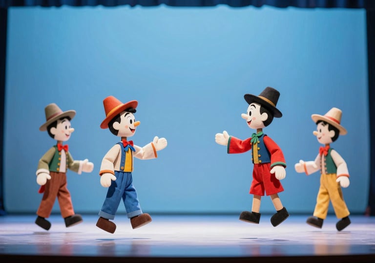 Bright and colorful theatrical puppets or a stylized stage set for children's theater. Professional lighting, vibrant but elegant using light blue #80A6C7 and white. No text.