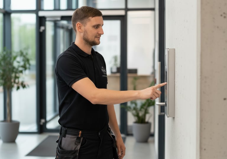 A technician in a black polo shirt tests a Manchester office access control system.