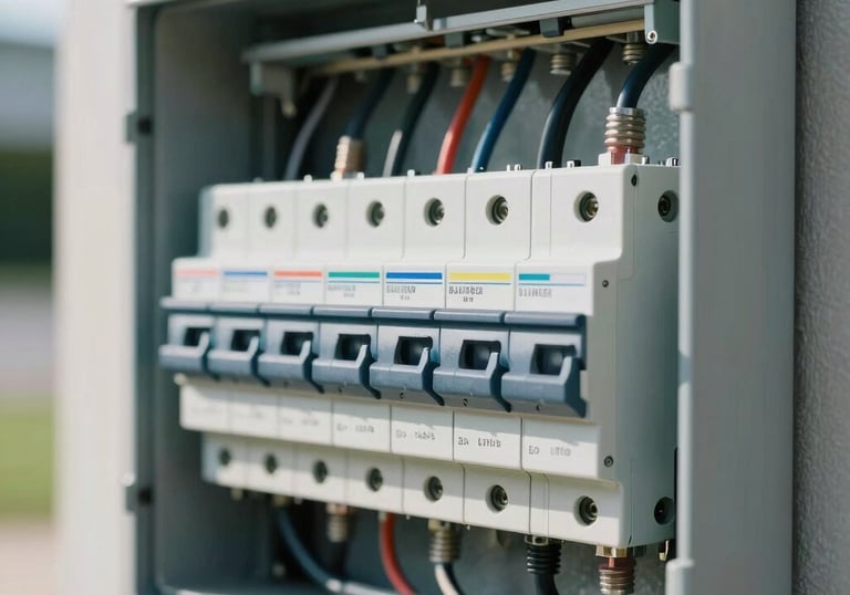 A close-up of a neatly installed electrical breaker box in a modern US residential garage, showing tidy wiring and clear labeling, bright natural lighting.