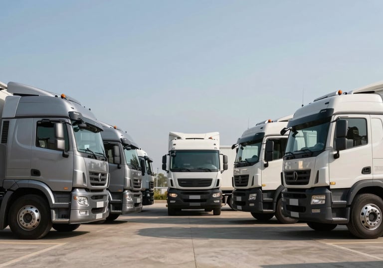 A wide shot of several clean vehicle transport trucks lined up symmetrically. The modern design of the trucks is highlighted by steel grey and soft off-white accents under a clear, bright sky.
