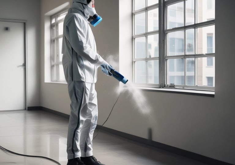 Close-up of cleaning supplies and equipment arranged neatly on a white surface.