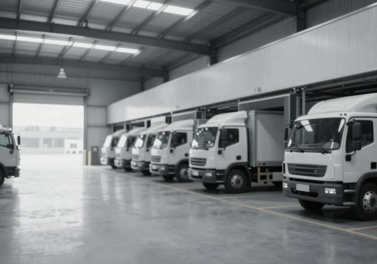 Clean, organized interior of a transport warehouse with trucks ready at the loading docks, showcasing order and high capacity in #F0F4F7 grey tones.