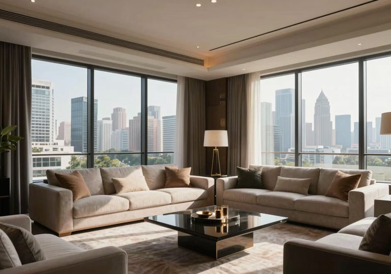 Interior of a contemporary Indian living room in a luxury high-rise, with sunlight streaming through large windows overlooking a city skyline.