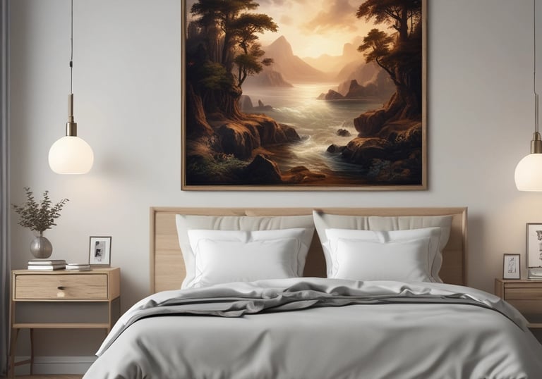 Paveikslai miegamojo interjerui virš lovos moderniame kambaryje