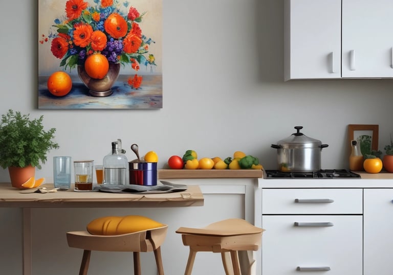 Paveikslai virtuvės interjerui ant sienos modernioje virtuvėje