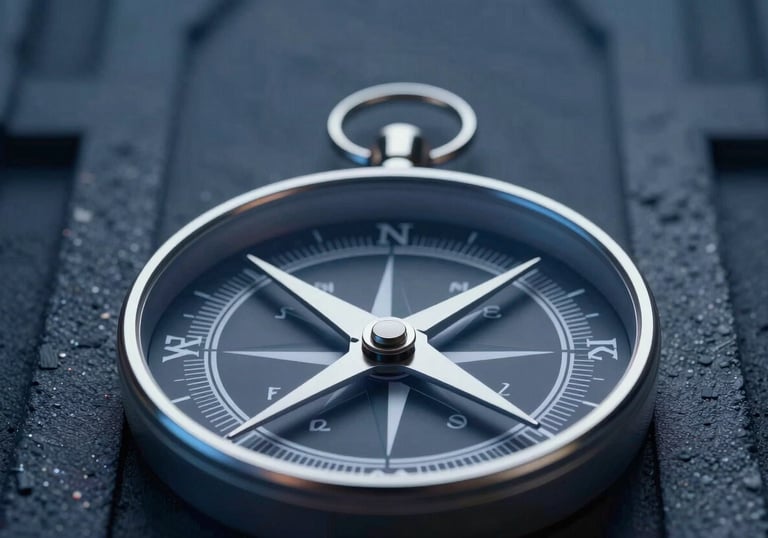 A sharp, clear image of a stylized metal compass pointing forward, set against a dark architectural background in #1B263B, symbolizing strategic direction and growth.