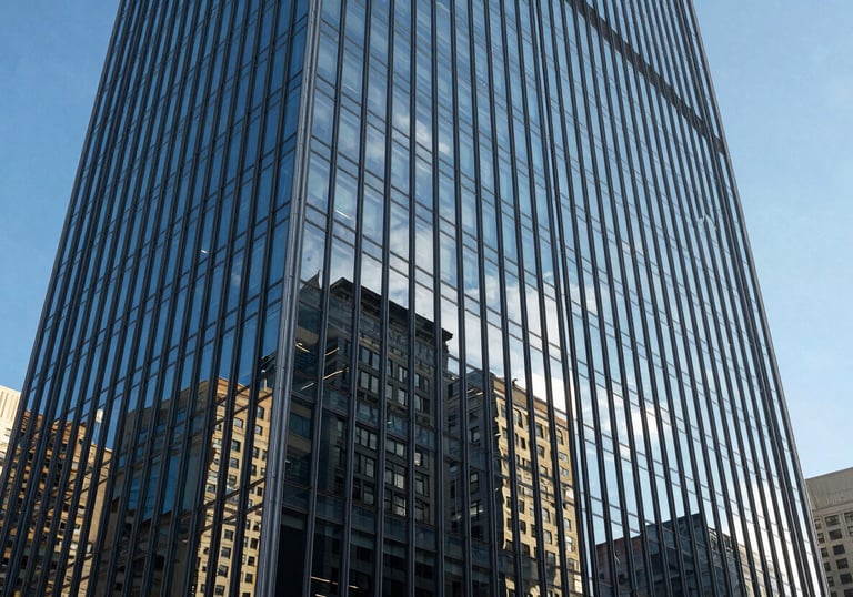 An architectural photography shot of a modern glass skyscraper reflecting a clear blue sky in a North American business district.