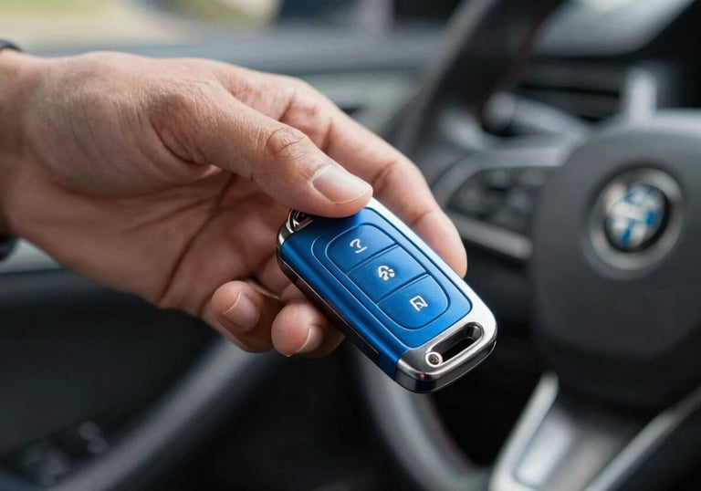 A person's hand holding a modern car key with a steel blue fob, symbolizing the ease and speed of starting a new job.