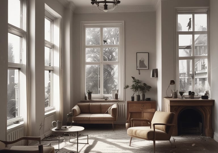 Modern renovated living room with warm lighting and stylish furniture.