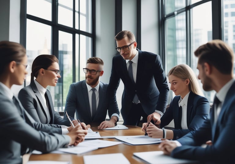 Professional business team in suits collaborating during a corporate meeting in a modern office.