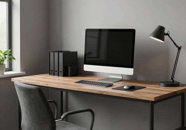 A clean, organized home office in a North American residence, subtle integration of technology and professional design, efficient and modern aesthetic.