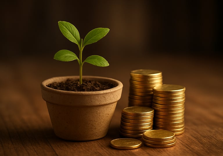 A close-up of a small green plant growing out of a ceramic pot on a wooden table, with gold coins nearby, symbolizing financial growth.