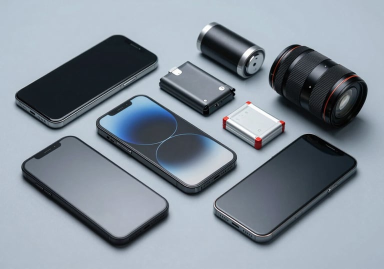 A collection of high-quality smartphone screens and batteries organized neatly on a light blue-grey background, representing premium inventory.