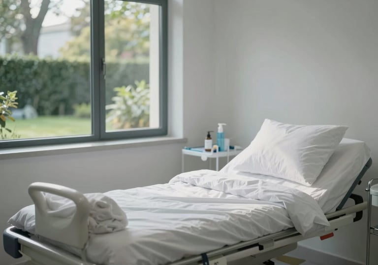 A serene and modern patient recovery room in a Western European clinic, featuring soft natural light, clean white bedding, and views of a quiet garden.