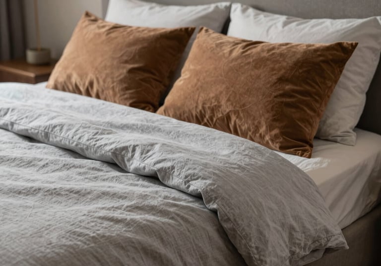 A masterfully staged bedroom with layered textures, light gray bedding, and warm brown accents, illustrating a peaceful and timeless design approach.