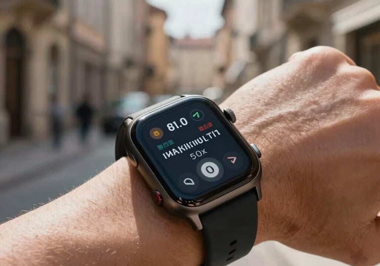 A close-up of a high-tech smart watch on a person's wrist in a sunny European outdoor setting, showing a notification about a financial transaction.