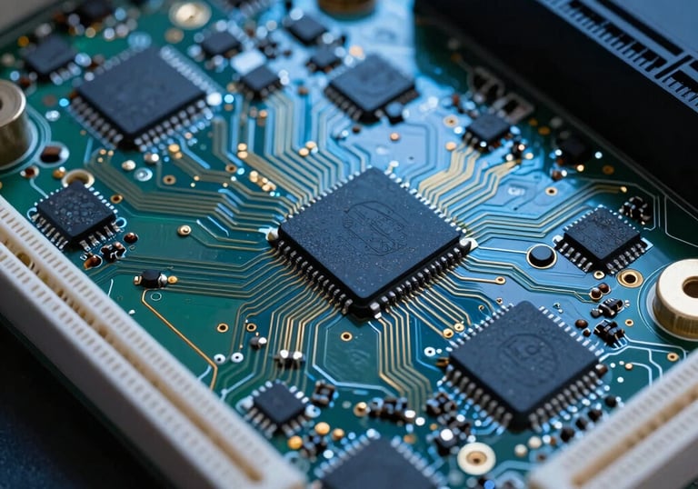 A detailed view of a modern television motherboard, showing intricate gold-plated circuits and microchips. Cool blue light illuminating the components.