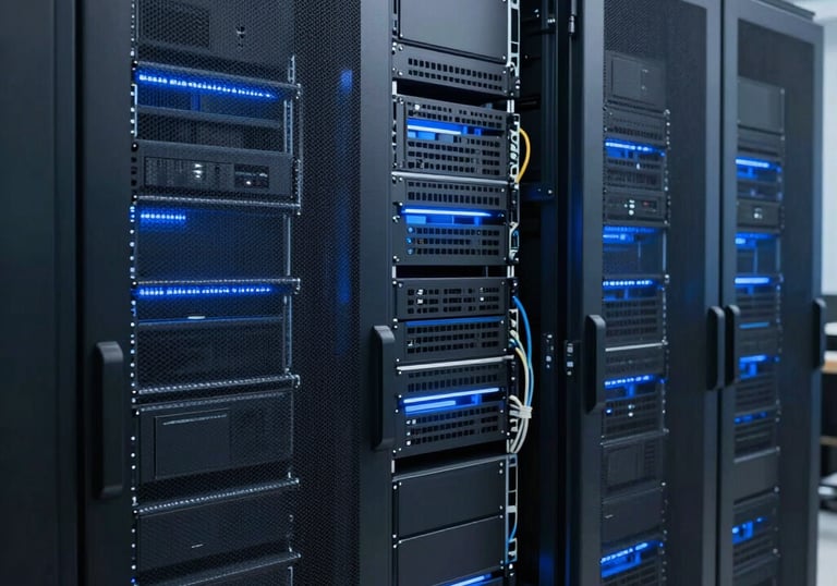 A clean and organized server rack room in a modern South American tech facility, professional blue lighting and cable management.